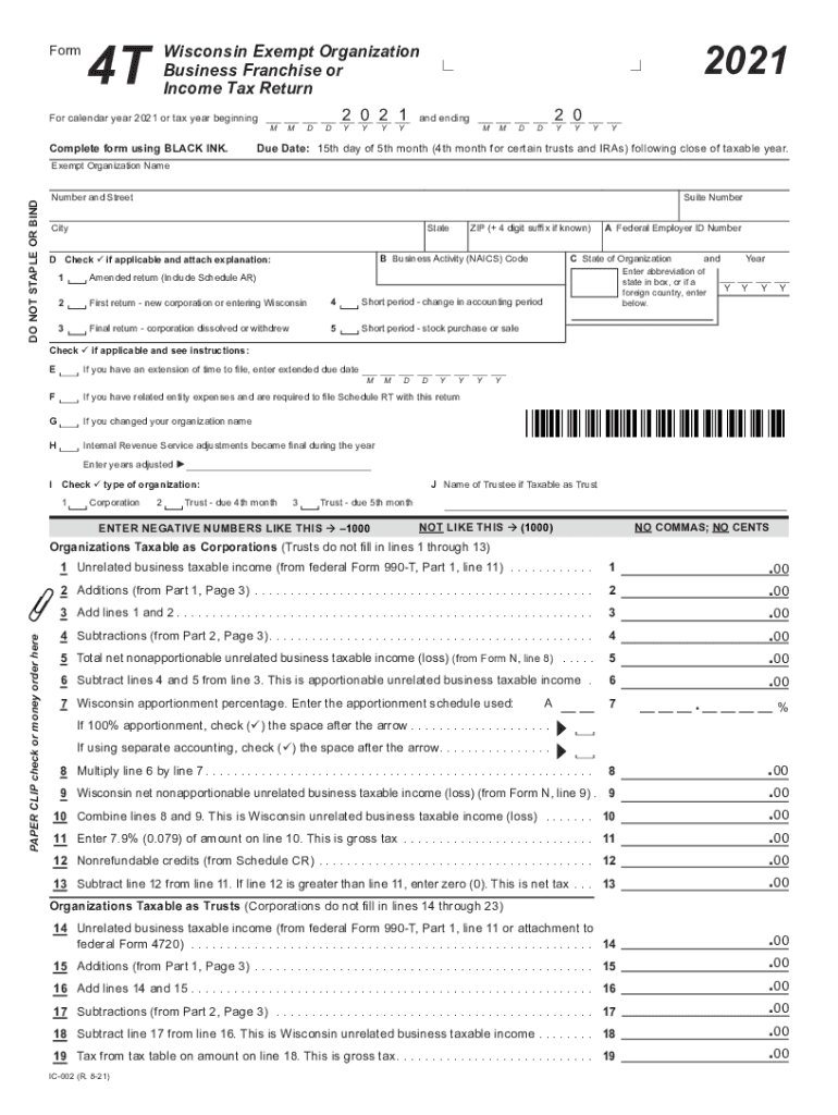 2021 IC-002 Form 4T Wisconsin Exempt Organization Business Franchise or Income Tax Return (fillable) Preview on Page 1