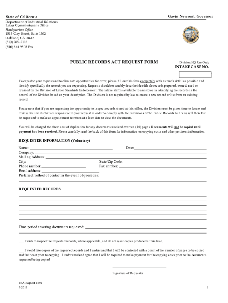 2019 2024 CA Public Records Act Request Form Fill Online Printable