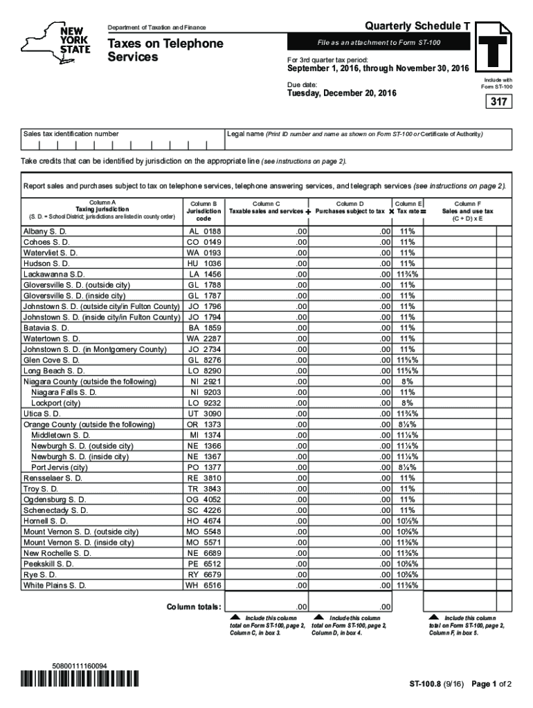 Fillable Online tax ny Form ST100.89/16Taxes on Telephone Services