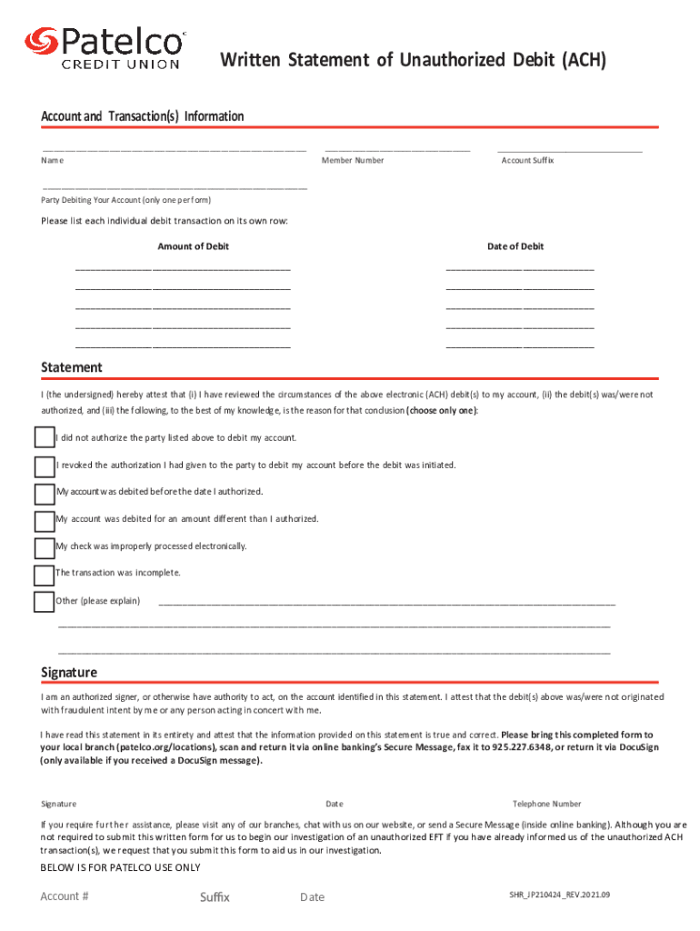 Written Statement Of Unauthorized Debit Ach