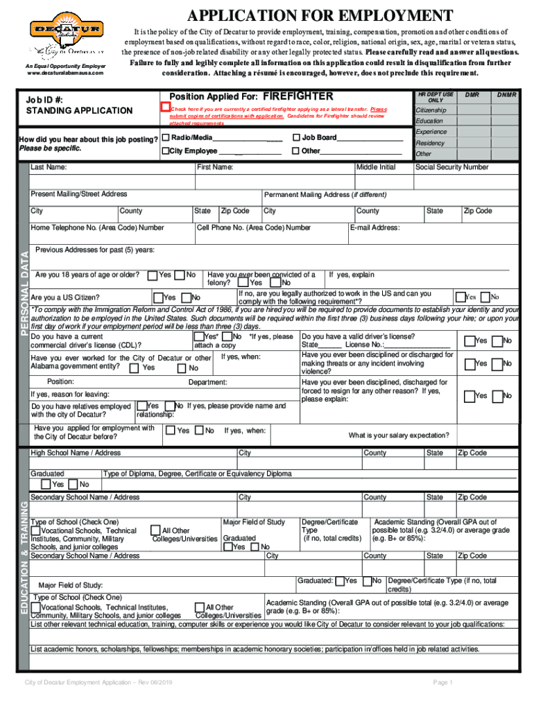 cityofdecatural wp-content uploadsApplication for Employment Firefighter - City of Decatur, Alabama Preview on Page 1