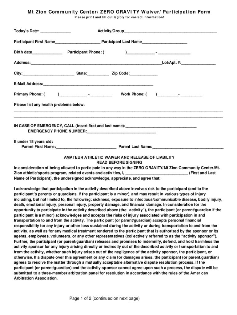 Fillable Online Zero Gravity Waiver and Registration Form Fax Email ...