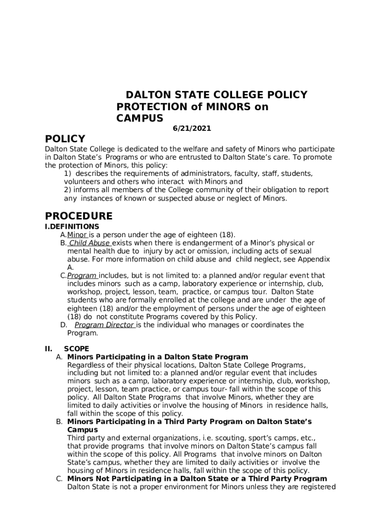 DALTON STATE COLLEGE POLICY PROTECTION Of MINORS On CAMPUS Doc