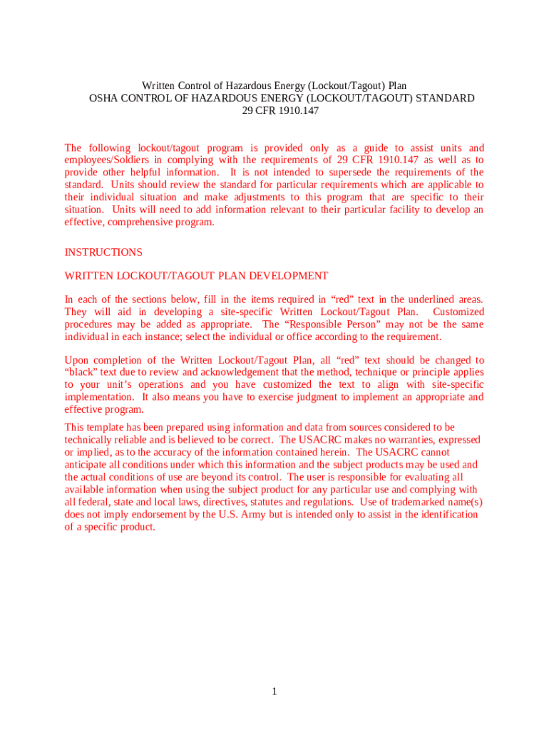 CONTROL OF HAZARDOUS ENERGY (LOCKOUT/TAGOUT) PROGRAM - safety army Doc ...