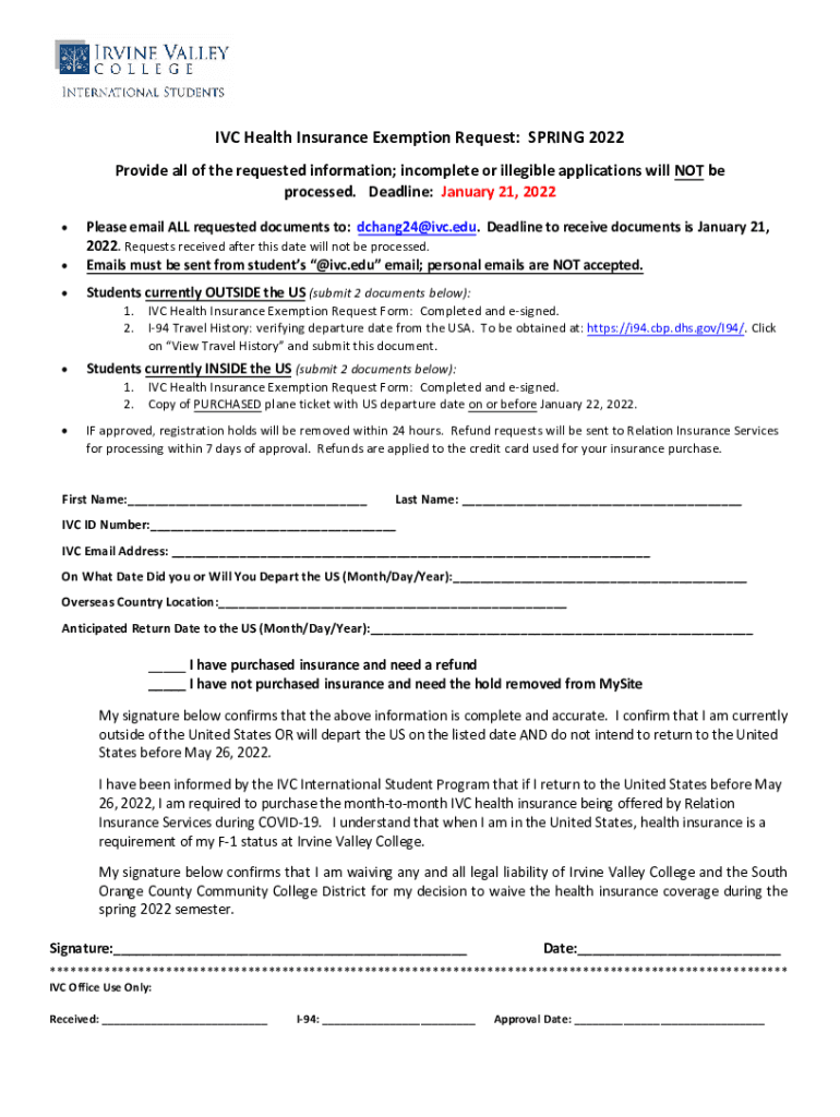 Fillable Online students ivc California Health Insurance Exemption Form