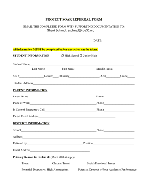 Fillable Online PROJECT SOAR REFERRAL FORM - roe30.org Fax Email Print ...