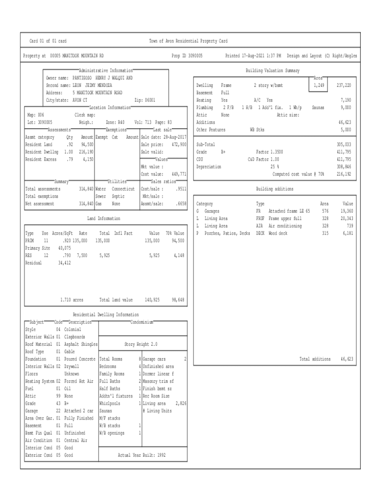 Fillable Online assessor.avonct.govcards3Card 01 of 01 card Town of Avon Residential Property