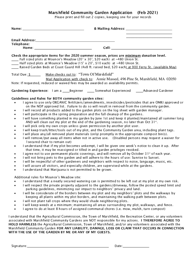 Fillable Online Marshfield Community Garden Application Form (As of