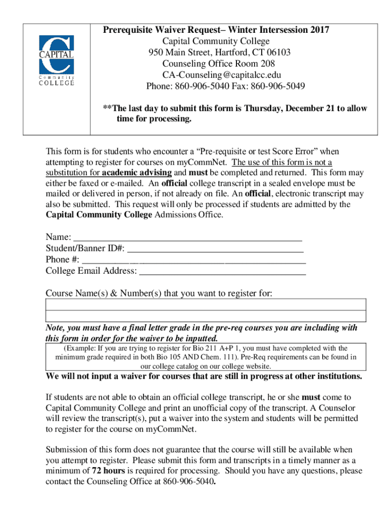 Fillable Online Fillable Online Prerequisite Waiver Request Spring 2017 ...