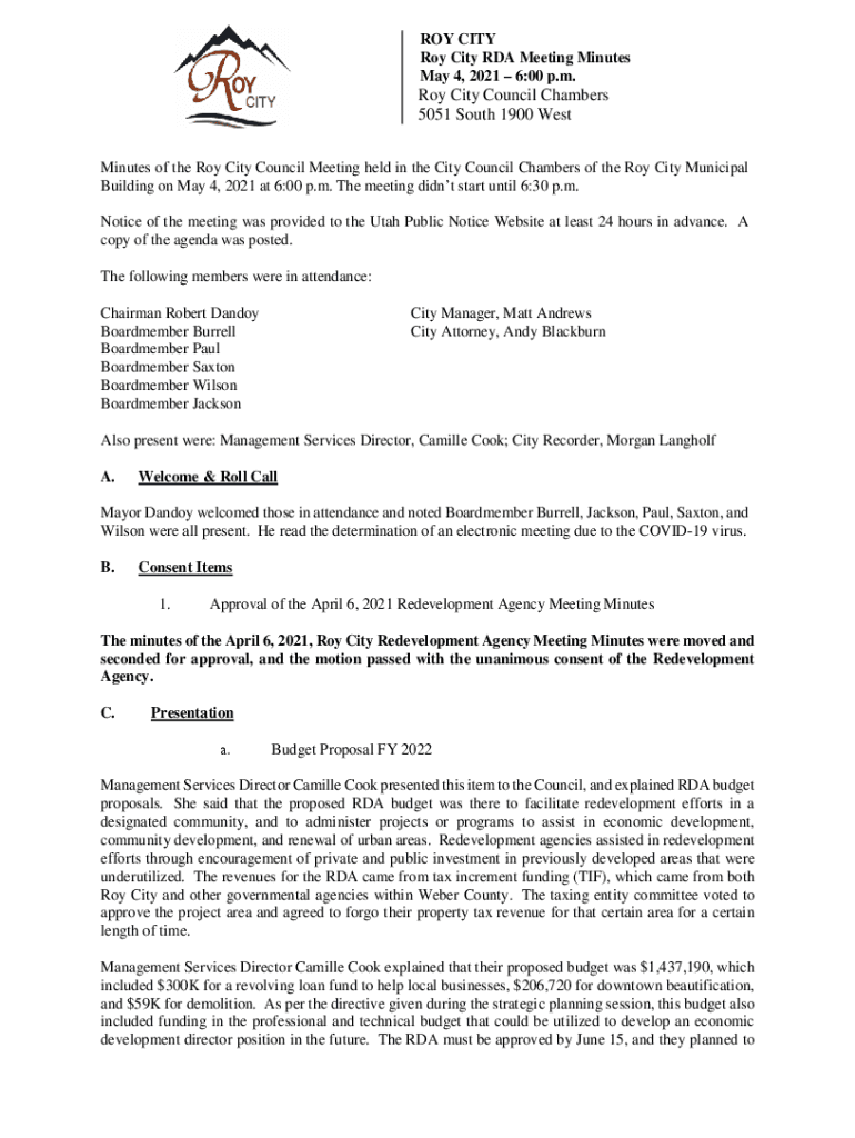 Fillable Online ROY CITY May 4, 2021600 p.m. Roy City Council Chambers