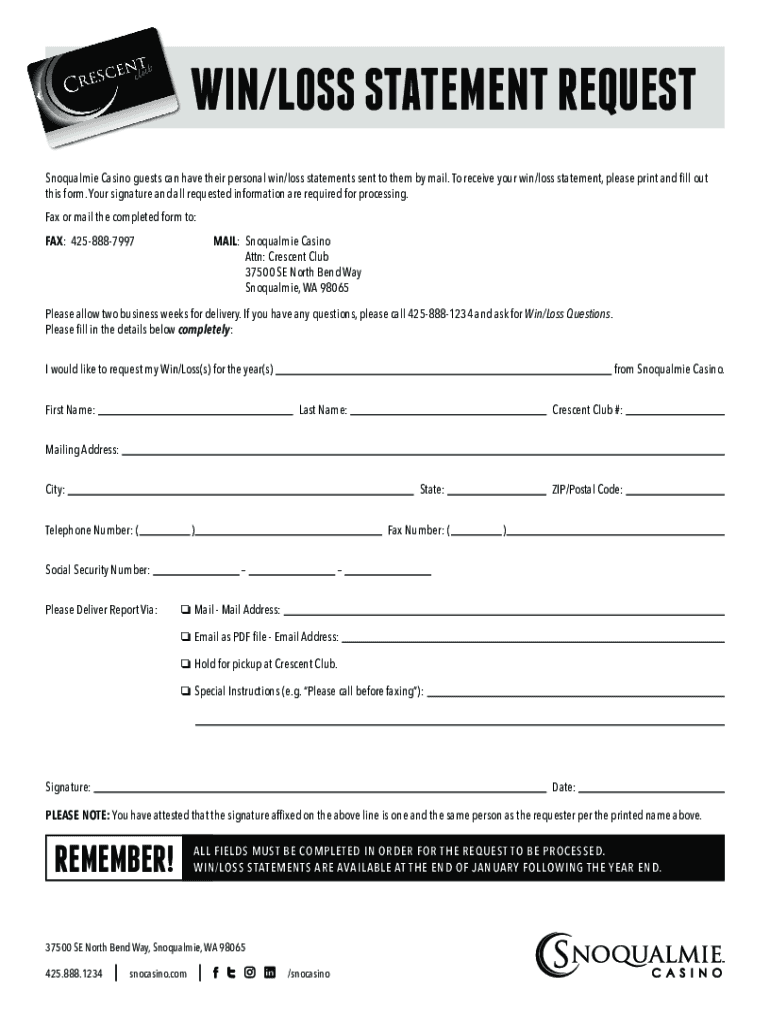 Snoqualmie Casino Crescent Club Win Loss Statement Request 2021 2022 Snoqualmie Casino Crescent Club Win Loss Statement Request 2021 2022