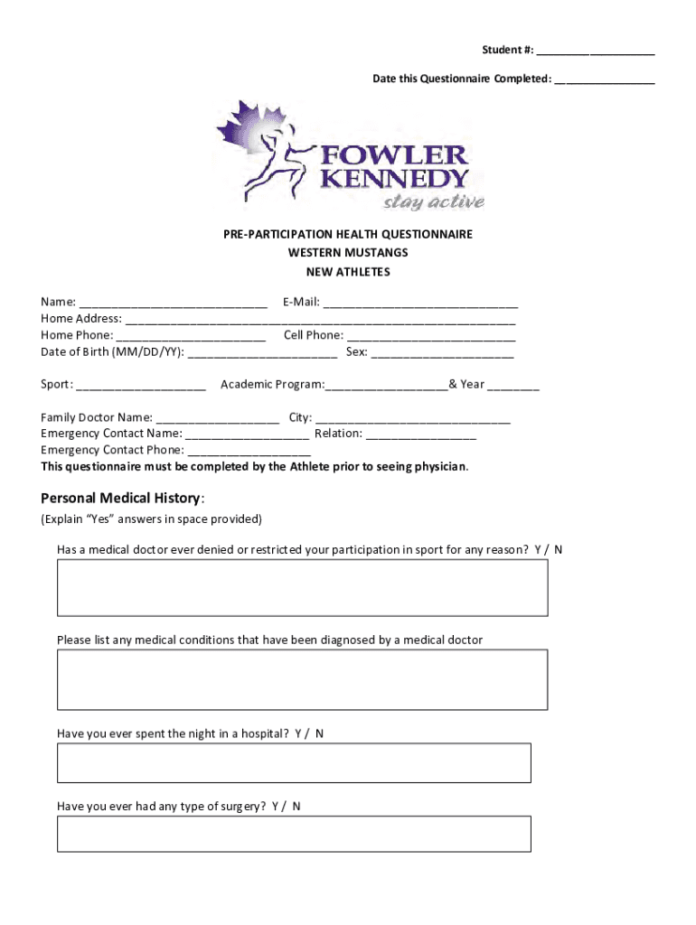 Canada Western Mustangs Pre-Participation Health Questionnaire Preview on Page 1