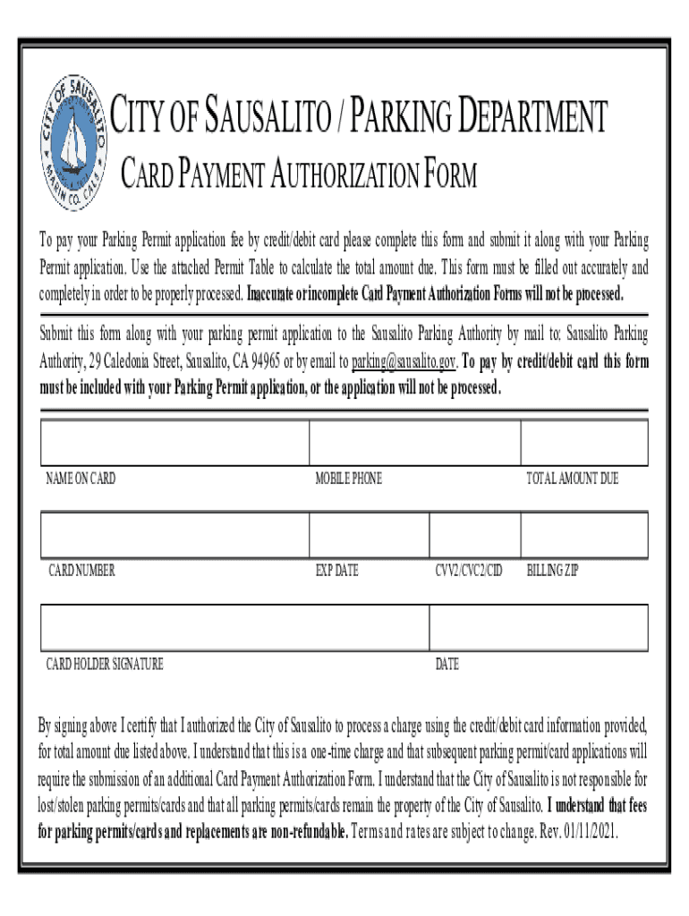 Fillable Online city of sausalito / parking department card payment