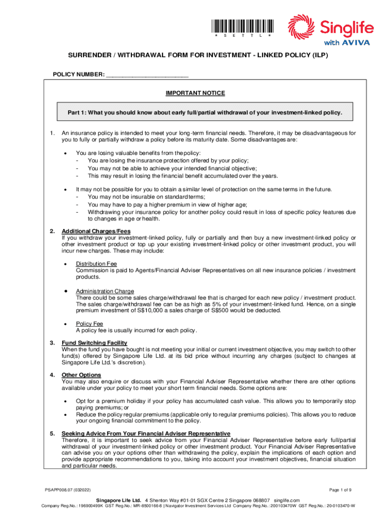 SURRENDER WITHDRAWAL FORM FOR INVESTMENT - LINKED POLICY Preview on Page 1