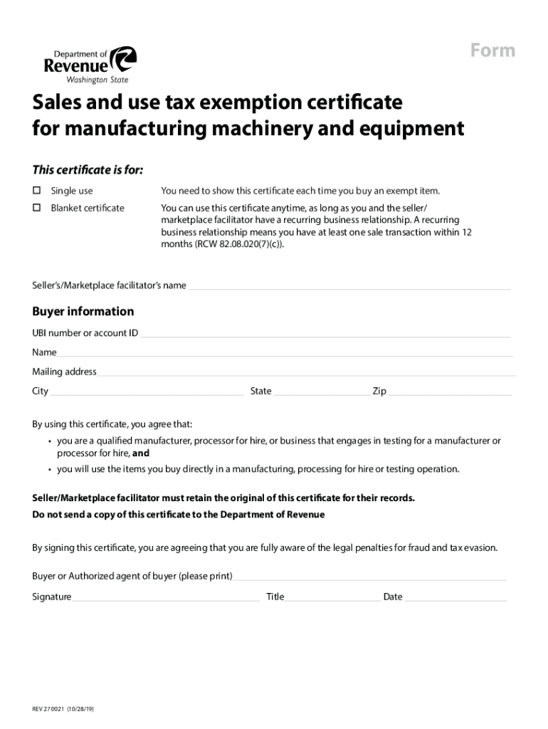 Sales and use tax exemption certificate for manufacturing machinery Preview on Page 1