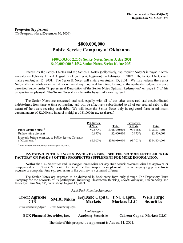 Fillable Online 800,000,000 Public Service Company of Oklahoma aep