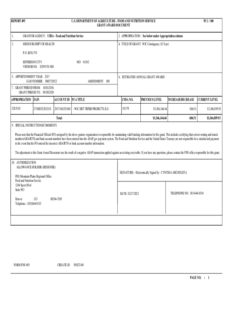 Fillable Online health mo REPORT 495 PC1 U.S. DEPARTMENT OF AGRICULTURE