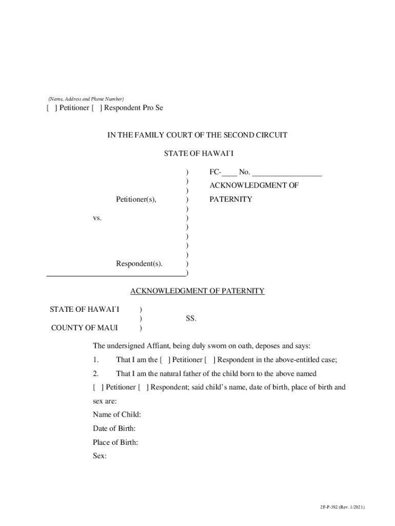 Acknowledgment of Paternity - Hawai'i State Judiciary - Formalu Preview on Page 1