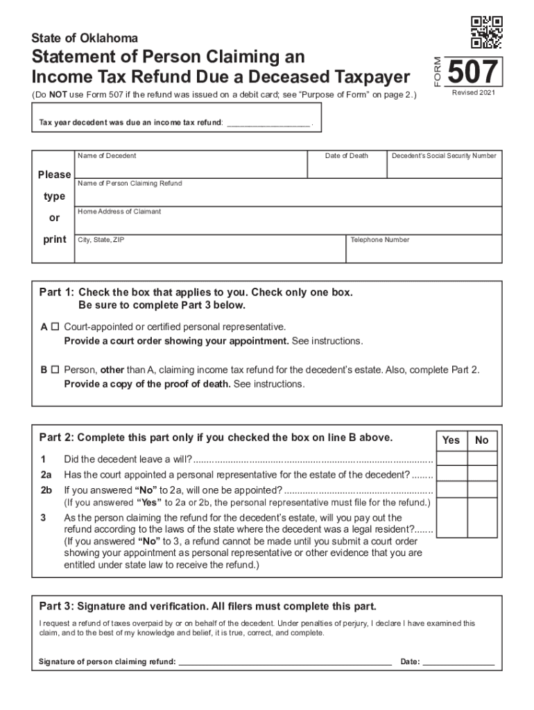 Form 507 Statement of Person Claiming an Income Tax Refund Due a Deceased Taxpayer Preview on Page 1