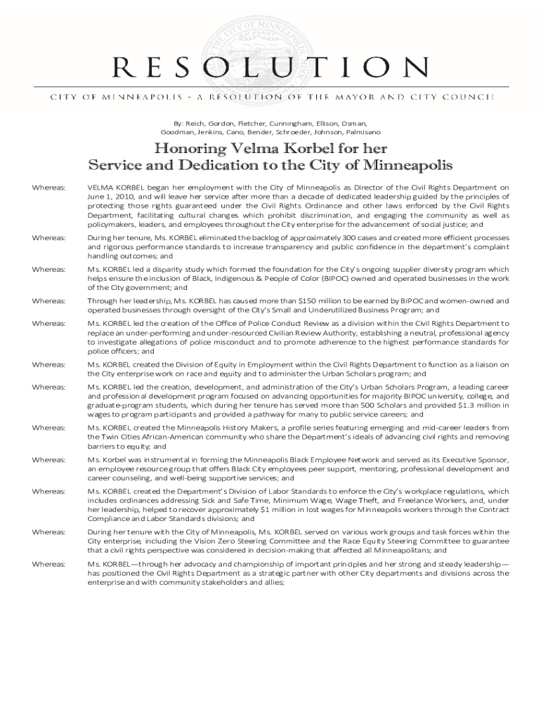 Fillable Online Honoring Velma Korbel for her Service and Dedication to