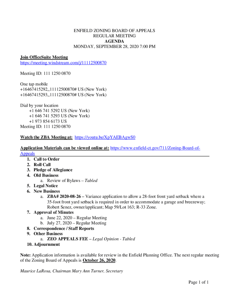Fillable Online Page 1 of 1 ENFIELD ZONING BOARD OF APPEALS REGULAR