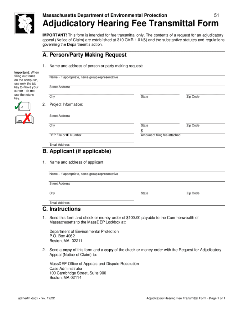 Adjudicatory Hearing Fee Transmittal Form Preview on Page 1