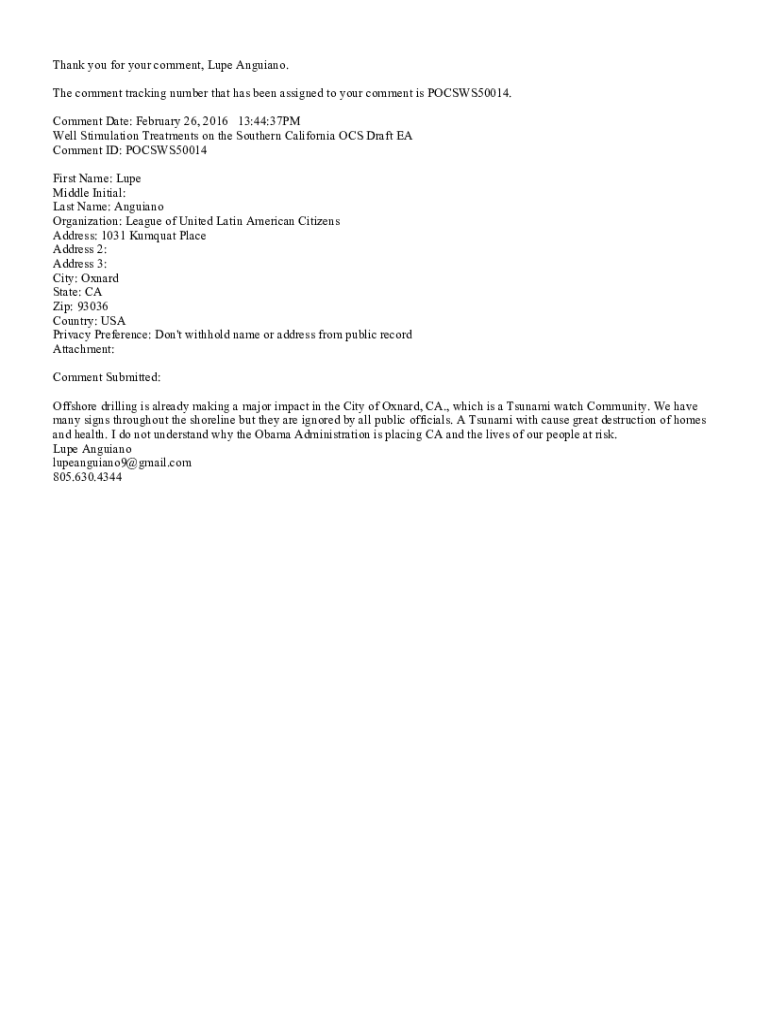 Fillable Online Thank you for your comment, Lupe Anguiano. The comment ...