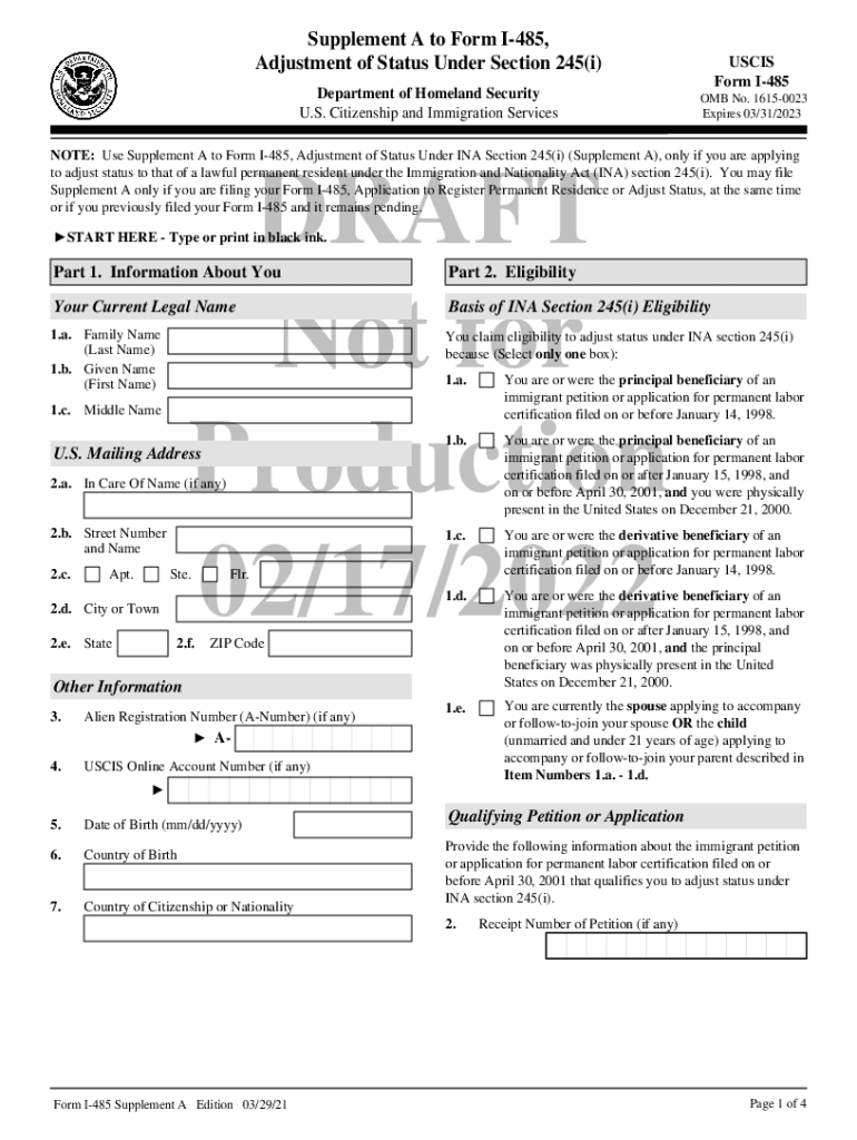 Fillable Online I485-SuppA, Supplement A to Form I-485, Adjustment of ...