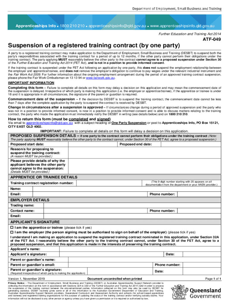 Fillable Online ATIS-049 Suspension of a registered training contract ...
