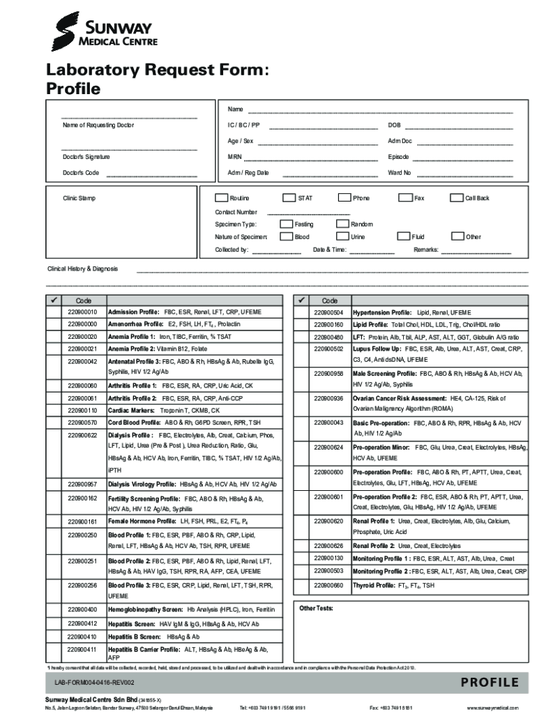 Fillable Online Laboratory Request Form Profile Sunway Medical