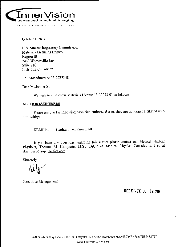 Fillable Online InnerVision Advanced Medical Imaging, Amendment Request