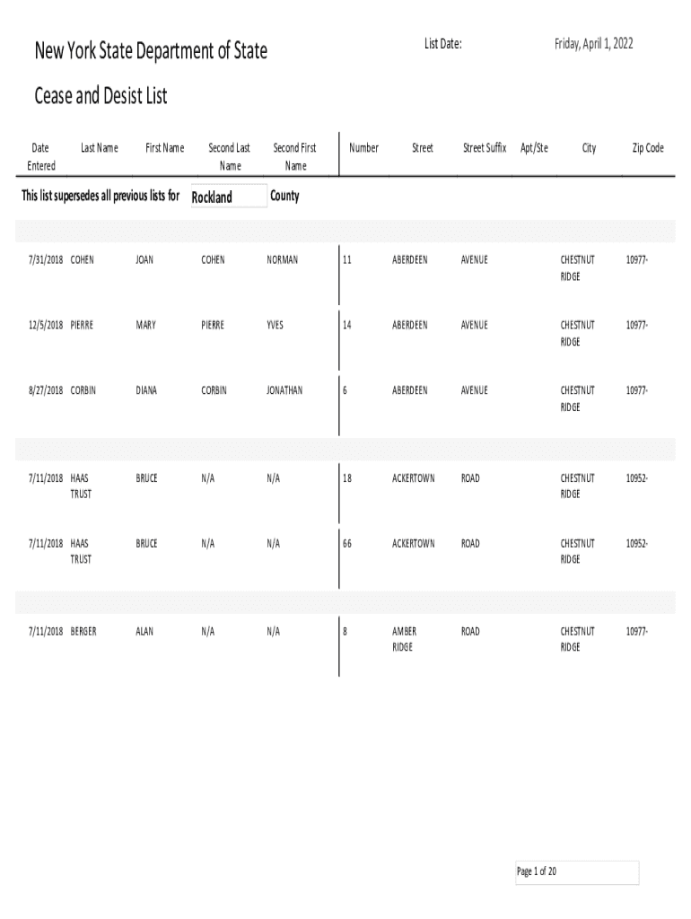 Fillable Online dos ny New York State Department of State List Date ...