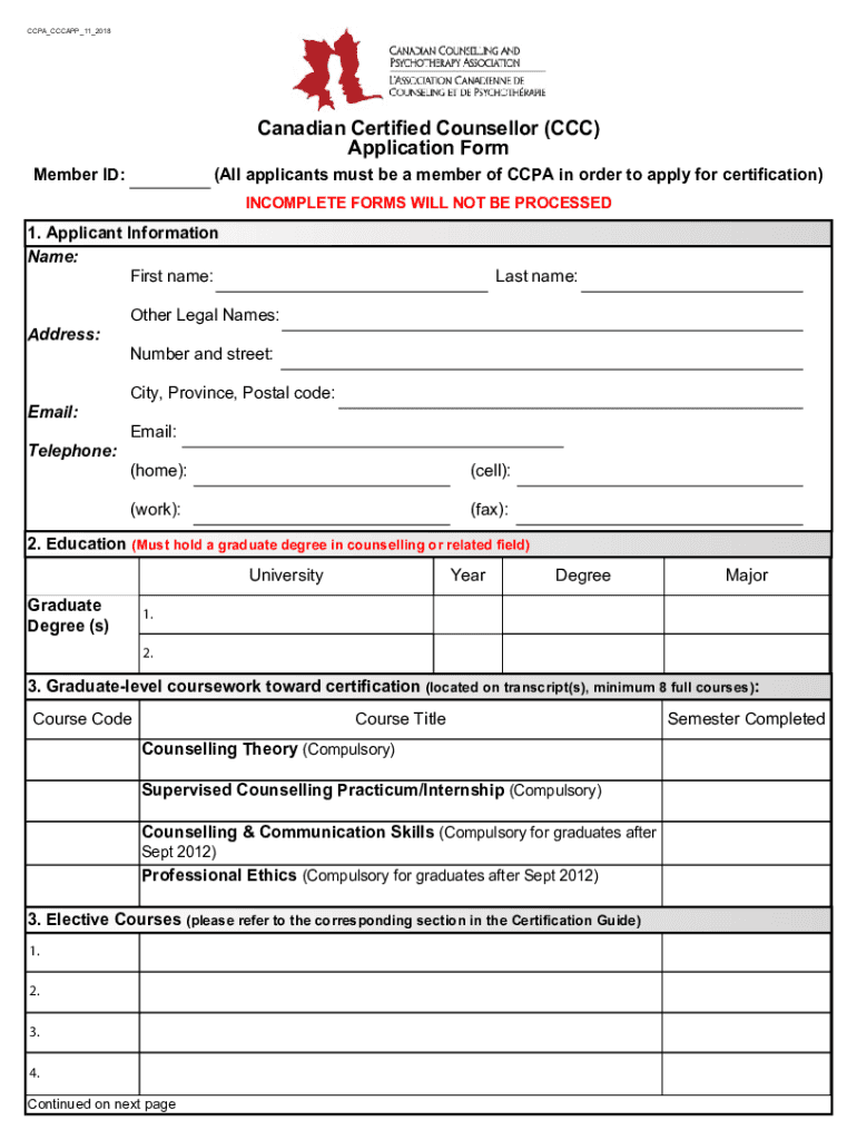 Fillable Online Canadian Certified Counsellor (CCC) Application Form