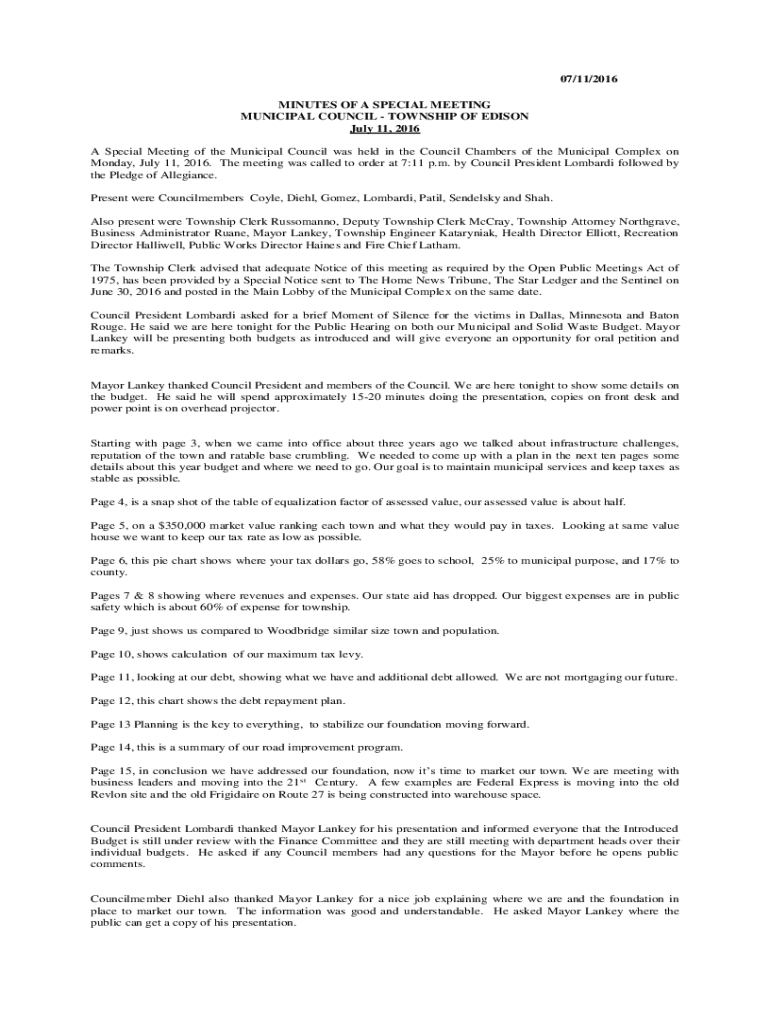 Fillable Online Council Agendas Edison, New Jersey Fax Email Print