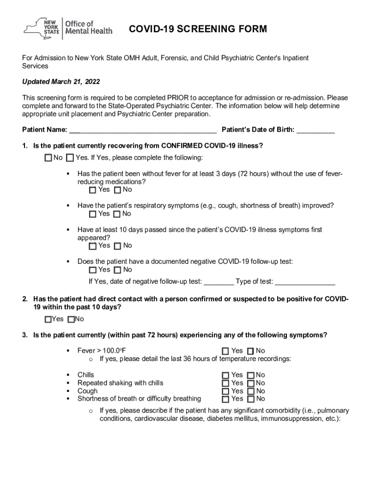 omh.ny.govomhwebguidanceCOVID-19 SCREENING FORM - New York State Office of Mental ... Preview on Page 1