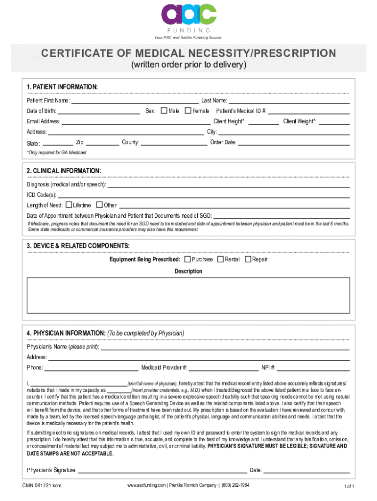 Fillable Online Prescription and Certificate of Medical Necessity