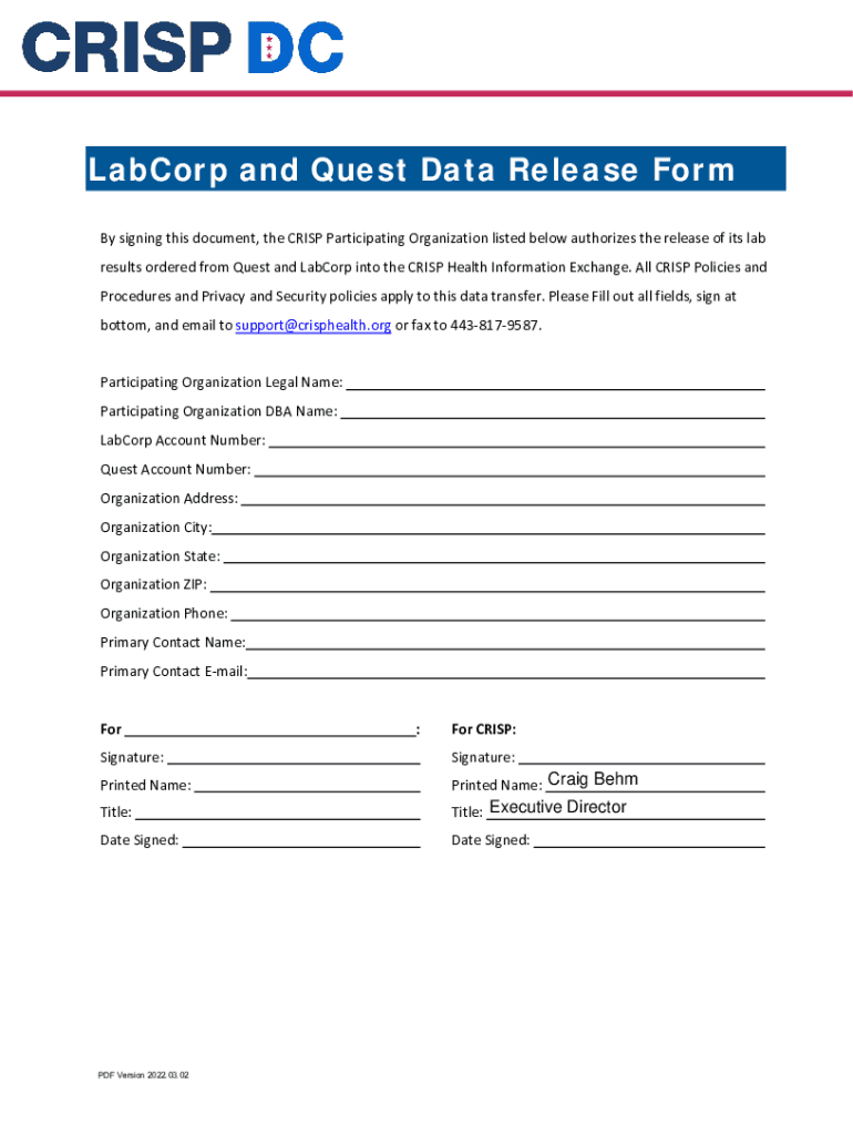 Fillable Online LabCorp and Quest Data Release Form CRISP Fax Email