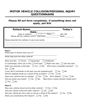 MOTOR VEHICLE COLLISION/PERSONAL INJURY QUESTIONNAIRE