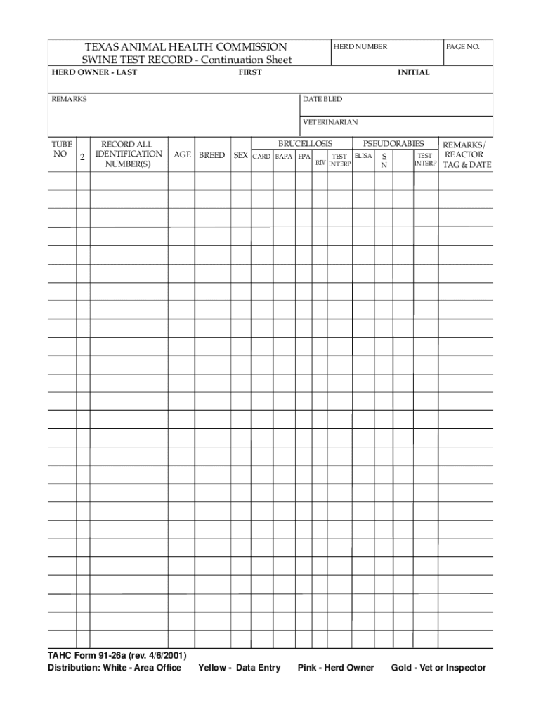 Fillable Online 91-26a Swine Test Record Continuation. 91-26a Swine ...