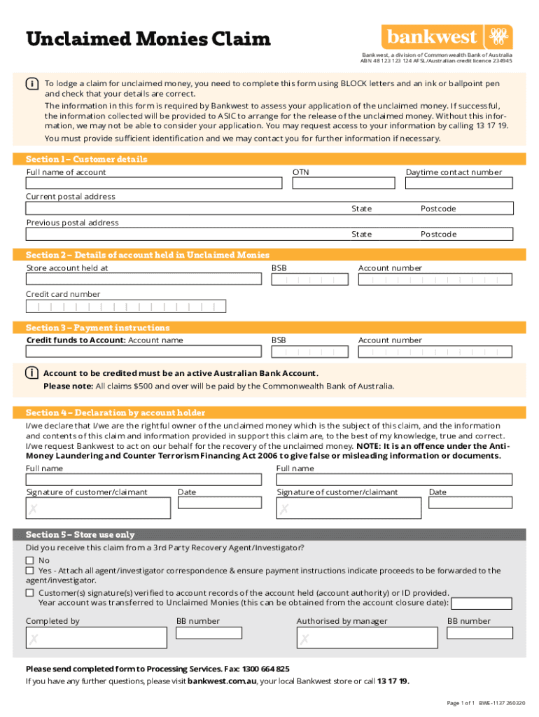 bankwest unclaimed monies Preview on Page 1.