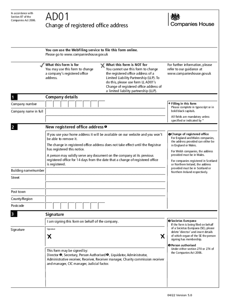 gov ukgovernmentpublicationsChange a company's registered office address (AD01) - GOV UK Preview on Page 1