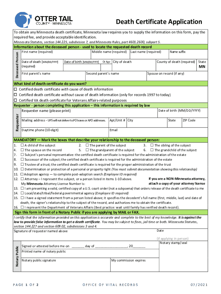 Death Certificate Application - Minnesota's Youngest County Preview on Page 1