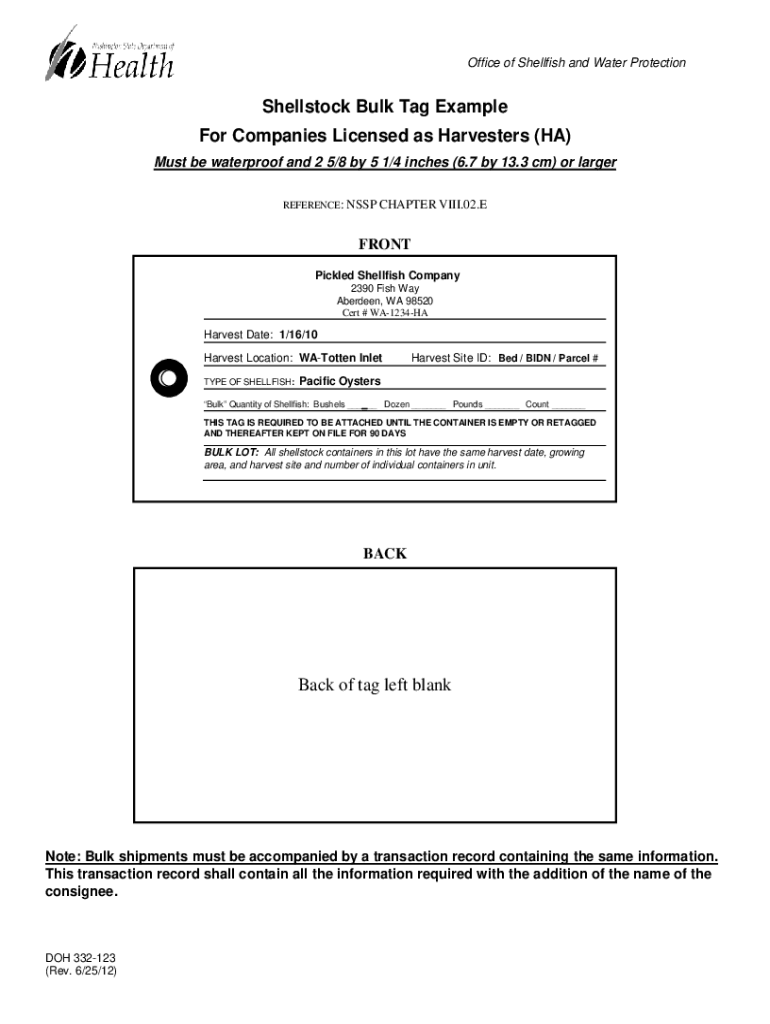 Fillable Online doh wa Shellstock Bulk Tag Example for Companies Licensed as Harvesters (HA
