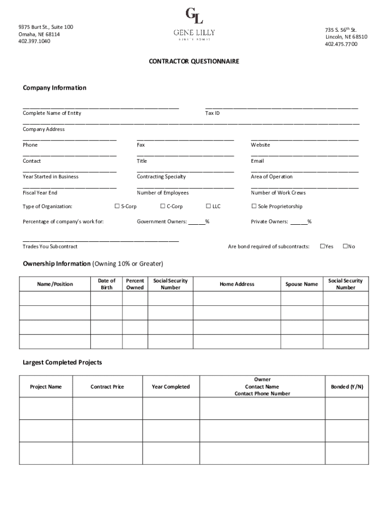 NE Gene Lilly Surety Bonds Contractor Questionnaire Form Preview on Page 1