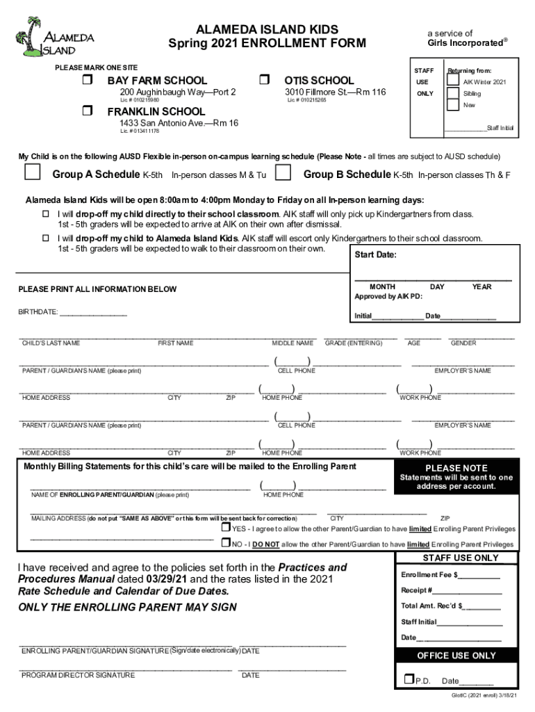 Fillable Online ALAMEDA ISLAND KIDS ALAMEDA Spring 2021 ENROLLMENT FORM