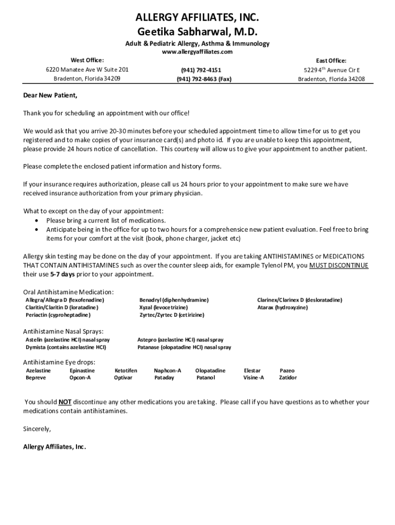 Fillable Online Allergy Affiliates, Inc. Best Allergist in Bradenton