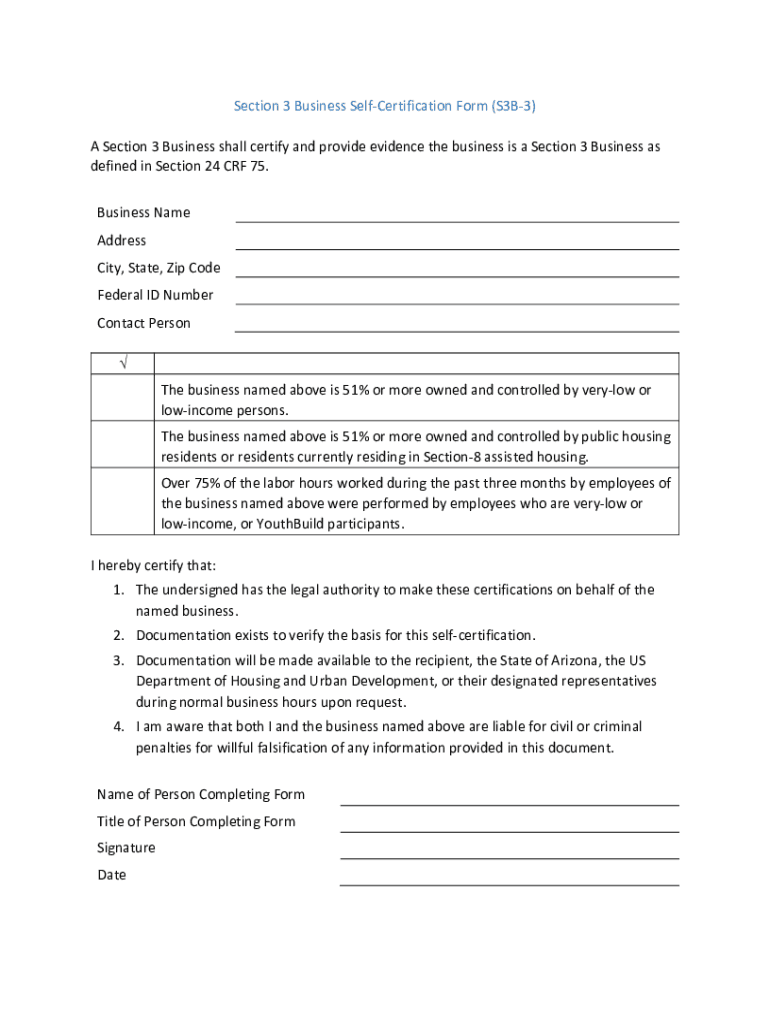 Fillable Online Section 3 Business SelfCertification Form (S3B3) A
