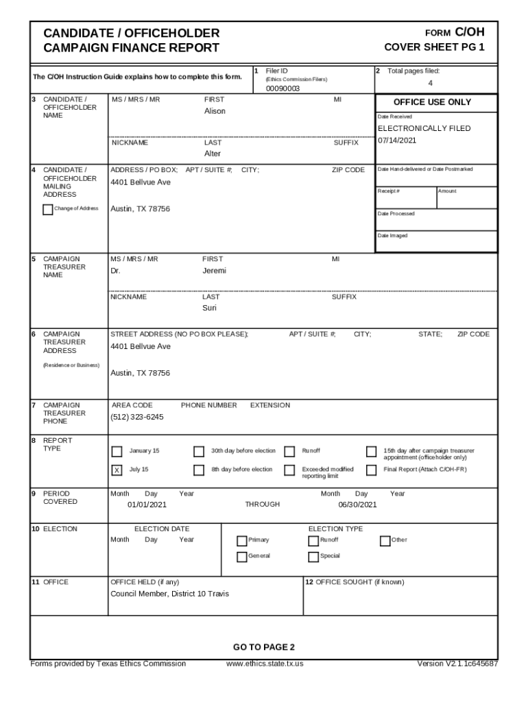 Fillable Online ci.lubbock.tx.usstorageimagesCANDIDATE / OFFICEHOLDER FORM C/OH CAMPAIGN FINANCE