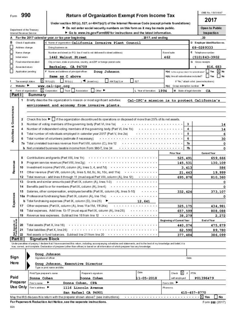Fillable Online 2017 Tax Return Documents (California Invasive Pl) Fax ...