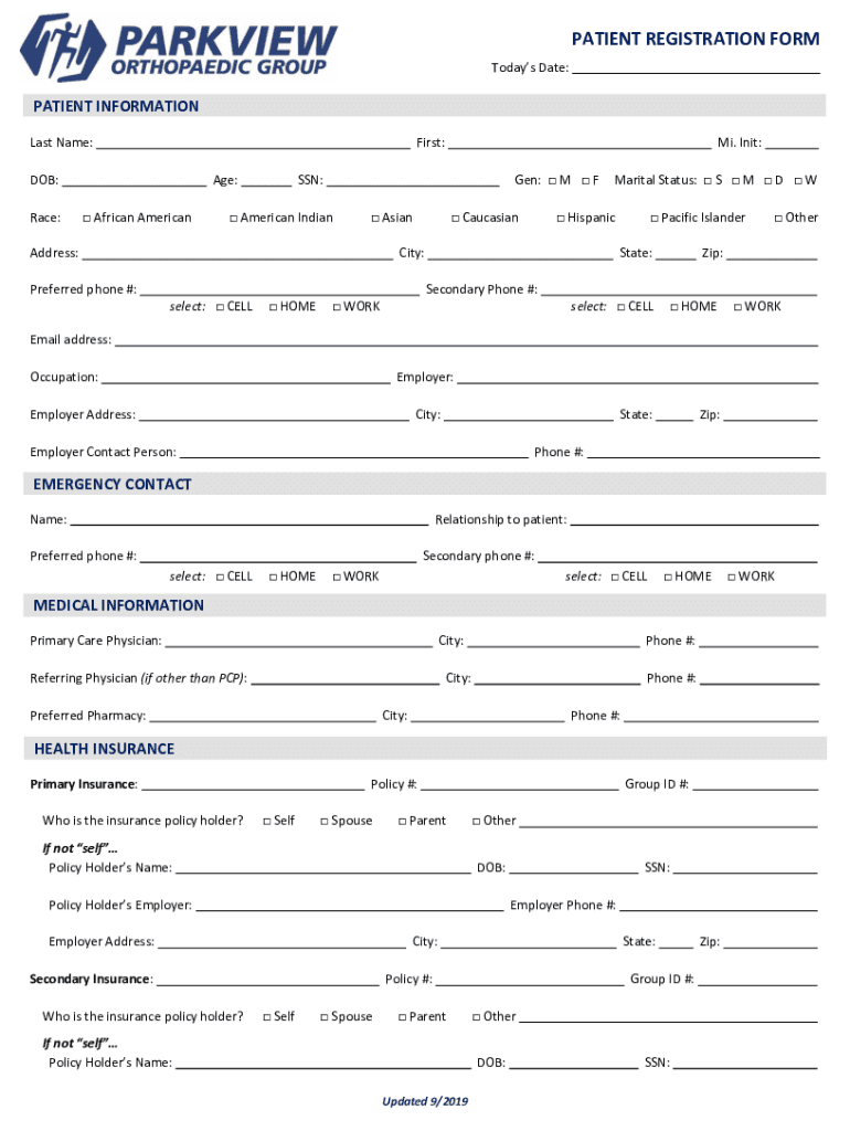 Fillable Online New Patient Registration Form Today's Date Preview on Page 1